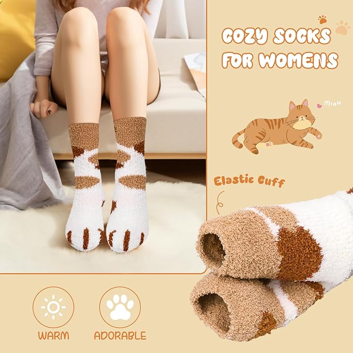 3-6 Pairs Womens Fuzzy Socks Cozy Fluffy Slipper Socks Cute Soft Cat Animal Winter Warm Sleep Socks Gifts