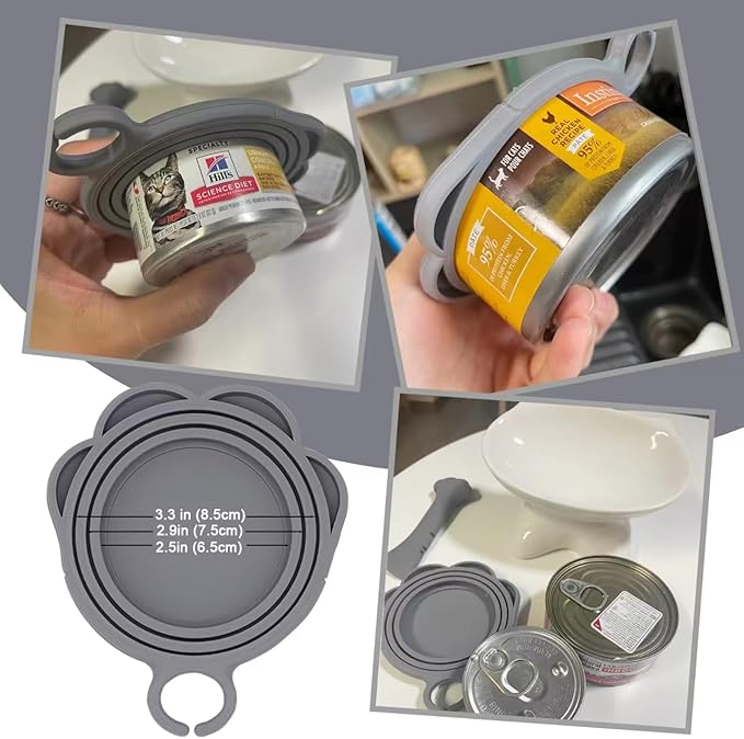 4 Pcs Cat Food Can Spoon & Can Covers | Cute Paw Silicone Pet Food Can Opener Spatula & Can Lids | Stainless Steel Wet Food Spoon for Cats and Dogs(Grey)