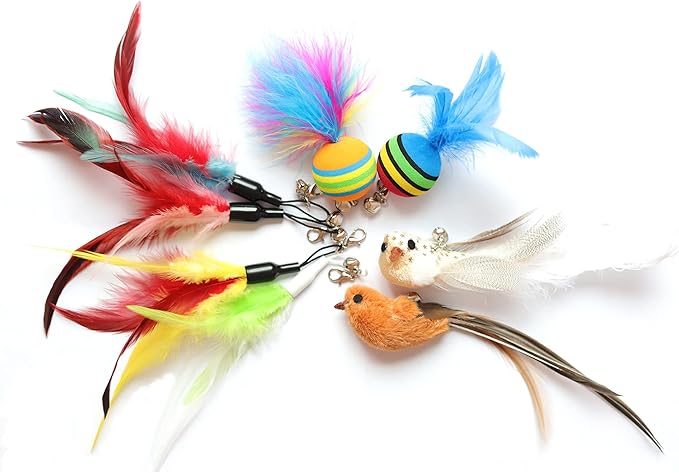 Cat Toys Interactive Cat Feather Wand , Powerful Suction Cup, 4pcs Natural Feather Teaser Replacements with Bell, for Indoor Kitty Old Cat Exercise (8pcs)