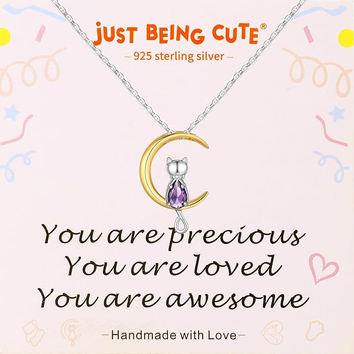 Birthstone Necklace for Women Girls, Cat Necklaces 925 Sterling Silver Teardrop Pendant 18K Gold-Plated Birthstone Jewelry Gifts for Birthday Easter