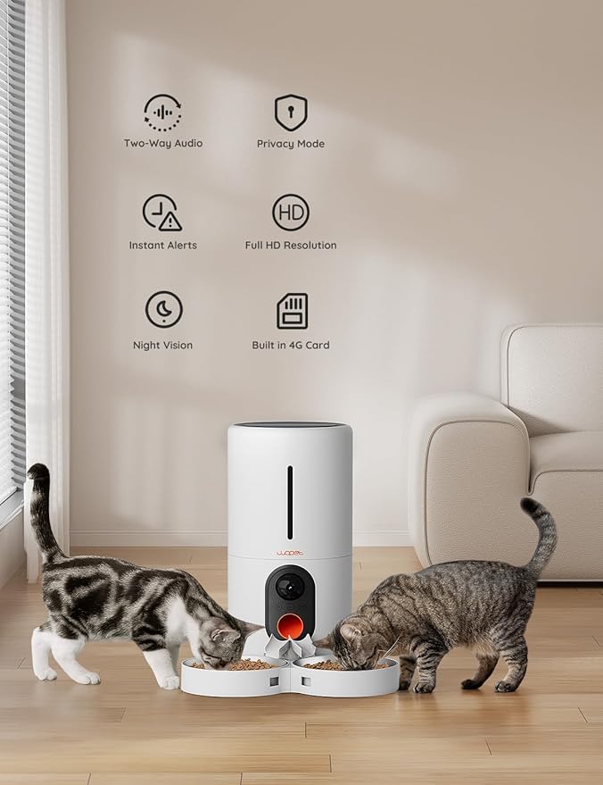 WOPET Automatic Cat Feeder with Camera for Two Cats, 1080p HD Automatic Dog Feeder, 5G WiFi Pet Feeder with Night Vision for Cat & Dog, SD Card Storage & 2-Way Audio,White 6L