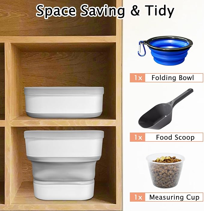 BNOSDM Collapsible Dog Food Storage Container, 5-13 Lbs Cat Food Bin Pet Storage Container with Magnetic Lid, Folding Bowl, Scoop and Measuring Cup for Dog Cat Pet Dry Food