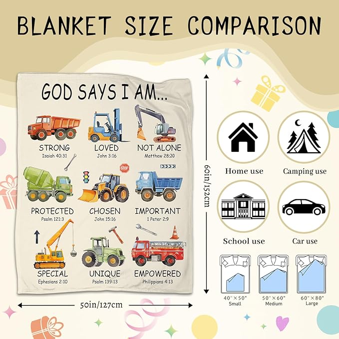Christian Gifts for Boys, God Says I Am Construction Truck Blanket 50"x60", Inspirational Religious Birthday Gifts for Truck Lover Bible Verse Blanket, Construction truck gifts, Christian truck Gifts