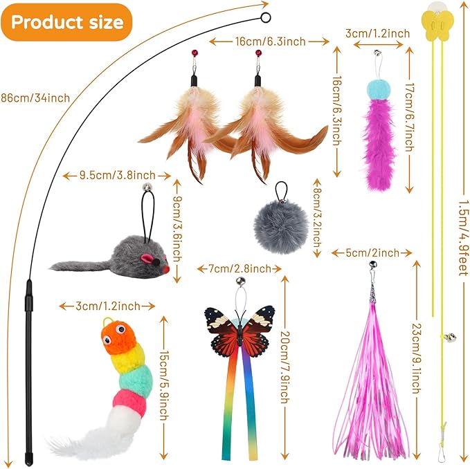 Interactive Cat Toys Cat Teaser Wand Set and Hanging Cat Door Toys with 8pcs Cat Feather Replacement Toys Mice, Cat Toys Kitten Toys for Indoor