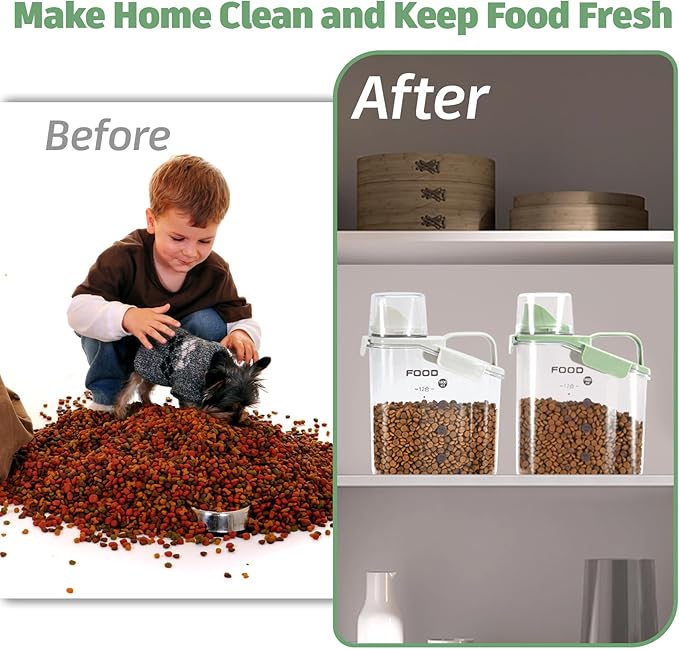 Dog Food Container Small, Pet Food Container with Airtight Pour Spout, Cat Food Storage Container with Measuring Cups, Portable Small Dog Food Container for Dogs Cats Birds (Green)