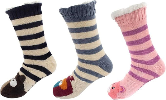 BambooMN Extra Thick Cozy Fuzzy Animal Thermal Cabin Plush Fleece-lined Knitted Crew Socks
