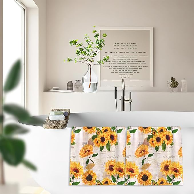 Vintage Sunflower Hand Towels for Bathroom,Yellow Flower Hand Bath Towels Soft Absorbent Dish Towels for Kitchen Bathroom Gym Beach Decorative Towels,Set of 2