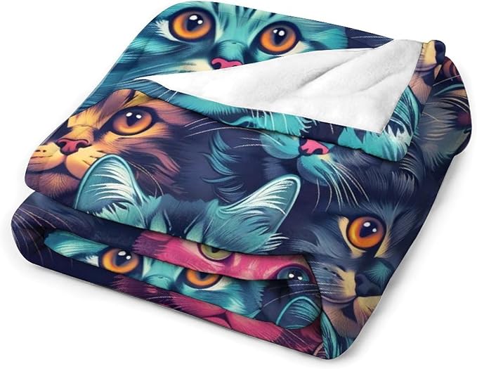 Funny Colorful Cat Print Blanket Cute Kawaii Kitty Animal Throw Blankets Gifts for Couch Sofa Bed Stuff Decor Soft Cozy Fleece Plush Warm Flannel Bedding for Lover Men Women 50"x60"
