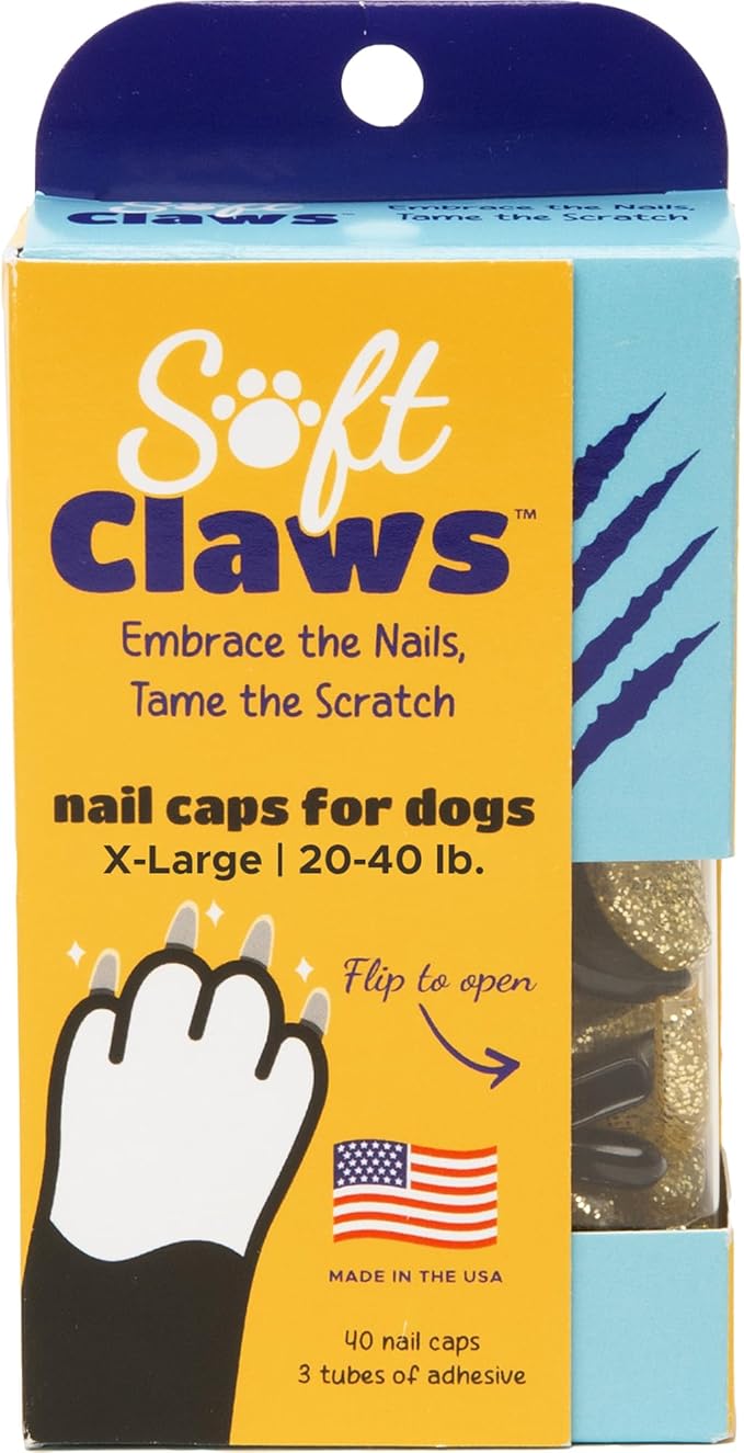 Soft Claws Nail Caps for Dogs with Non-Slip Design Made in USA - 40 Dog Nail Covers for Long-Lasting Protection of Floors and Furniture - Black & Gold Sparkle, X-Large