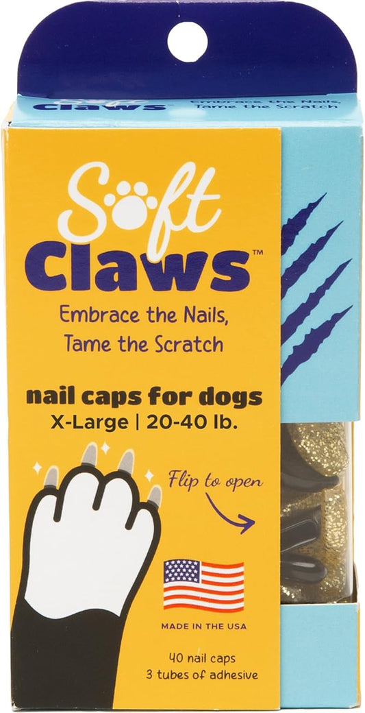 Soft Claws Nail Caps for Dogs with Non-Slip Design Made in USA - 40 Dog Nail Covers for Long-Lasting Protection of Floors and Furniture - Black & Gold Sparkle, X-Large