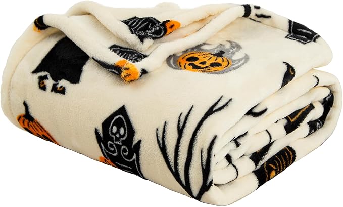 Haunted Halloween Blanket 50” x 70” Reversible Ghost Witch's Hat Print Fleece Throw Blanket, 320 GSM Surper Soft Warm Cozy Fall Blanket for Couch Sofa, Halloween Harvest Gifts and Home Pumpkin Decor