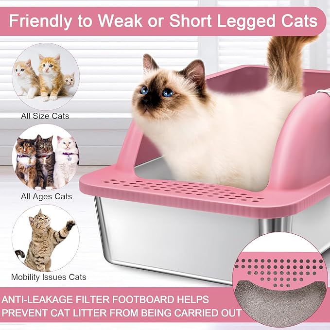 2 Pack XL Stainless Steel Litter Box Enclosure, Stainless Steel Cat Litter Pan for Big Cats, Large Metal Litter Box with Anti-Leakage High Wall, Non-Sticky Easy Cleaning Cat Litter Tray