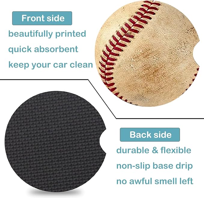 Car Coasters for Cup Holders,2 Pack Baseball Car Coasters,2.75" Universal Size Anti Slip Rubber Mat,Automotive Cup Holder Decal Decor Accessories,Baseball Gifts for Women,Men,Mom