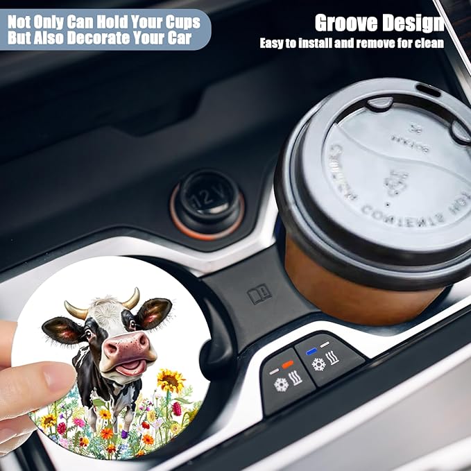 Car Cup Holder Coaster - Cow Flower Absorbent Ceramic Coaster, Car Coasters for Cup Holders, Auto Accessories for Women & Men, Pack of 2