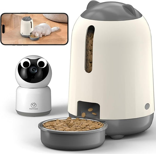 Smart Automatic Cat feeders(2.4G WiFi) and External Camera(2.4/5G WiFi), WiFi Pet Feeder with APP, 1080P HD Video with Enhanced IR Night Vision,Blue-Tooth Link Function&Cloud Storage(Gray)