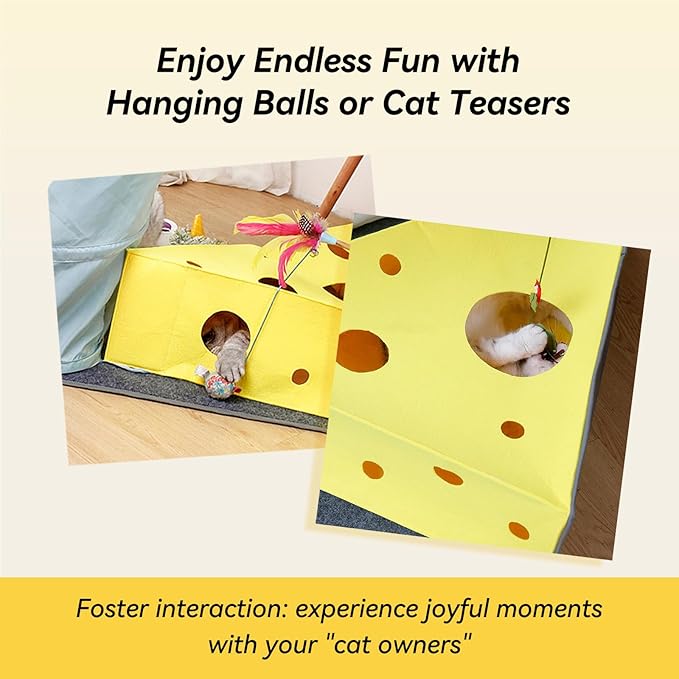 Cat Tunnel Bed for Indoor Cats Peekaboo, Warm 2-in-1 Cheese Shape Design with Ball Toy Large Cat Felt Mat, Scratch Resistant Cat Activity Play Mats for Multiple Cats, Dogs Up to 10lb [Yellow]