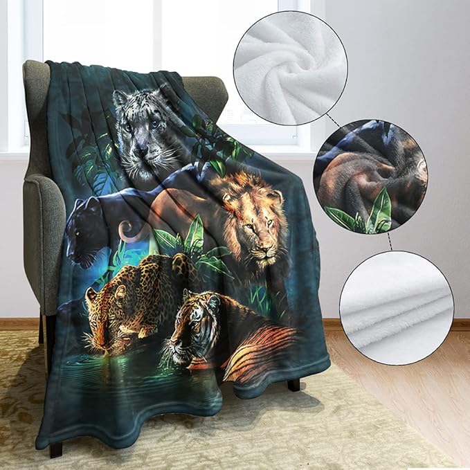 HommomH 50"x80" Jungle Animals Blanket Soft Cozy Fleece Throw for Couch Sofa Bed Tiger Leopard Lion Panther Print