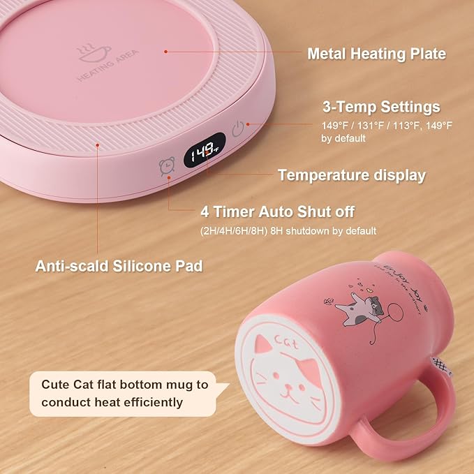 Bsigo Cute Cat Mug Set with Electric Smart Mug Warmer for Home & Office, Beverage Tea or Coffee Cup Warmer with 3-Temp Settings, 8H Auto Shut Off, Pink