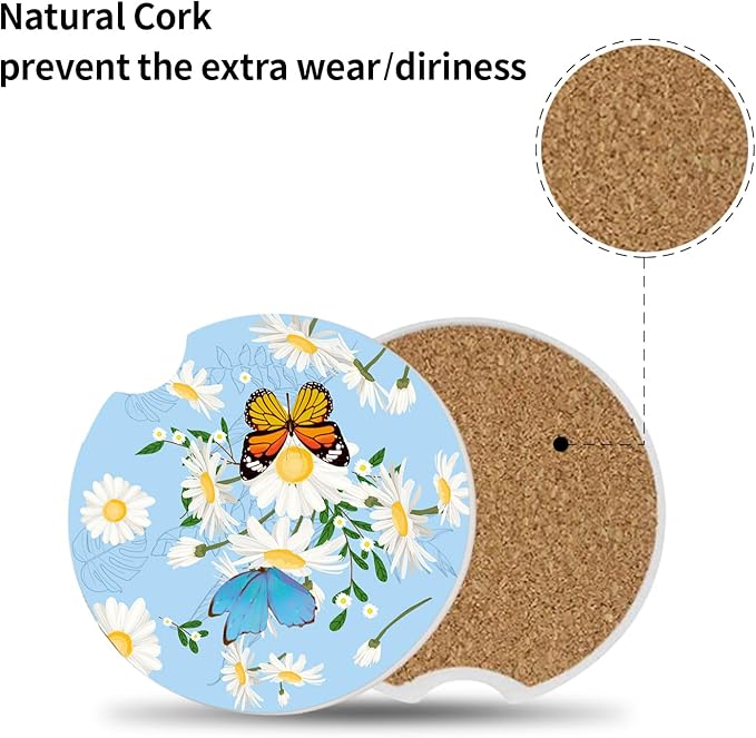 Car Coasters for Drinks Absorbent, 2 Pack Cup Holders, 2.56" Ceramic Stone & Non-Scratch Cork Base Coasters, Auto Accessories for Women & Men,Butterfly and Flowers.