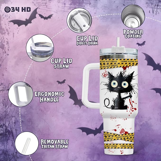 34HD Horror Cat Tumbler with Lid & Straw, 40oz Stainless Steel Vacuum Insulated Coffee Mug with Kitty, Horror Movie Cup, Black Cat Gifts for Women Birthday Halloween Christmas Mothers Day
