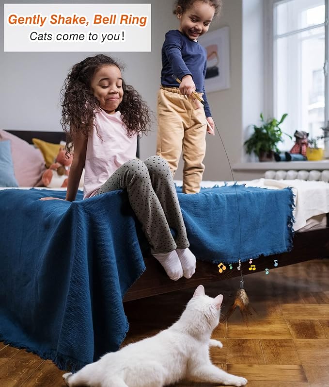 Pawaboo Feather Teaser Cat Toy, Interactive Feather Wand Cat Toy Flying Feather Cat Catcher with Extra Long 34.5" Wand and Small Bell, Fun Exerciser Playing Toy for Kitten or cat, Brown Feather