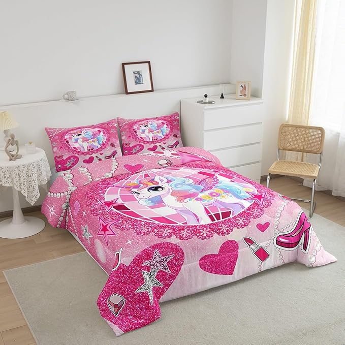 Cartoon Unicorn Kids Comforter Set Twin Size,Bowknot High-heeled Shoes Lip Romantic Bedding Set,Girls Women Room Decor,Stars Sparkling Princess Down Comforter,Pink Cute Duvet Insert,1 Pillowcase