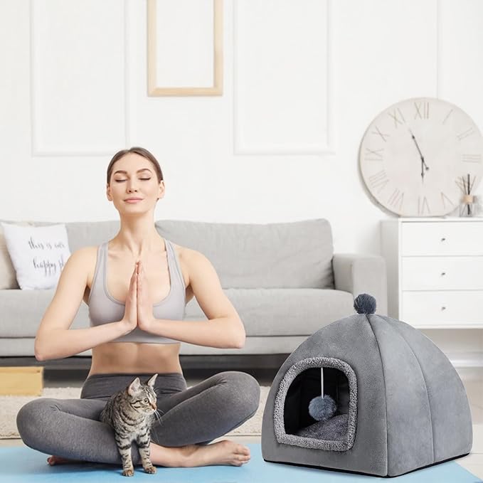 Cat Bed Cave for Indoor, Suitable for Cat Dome Bed, Hideaway Bed for Indoor Cats with Removable Mattress for Kittens. Cat Tent House for Dual Use (L:15"x15")