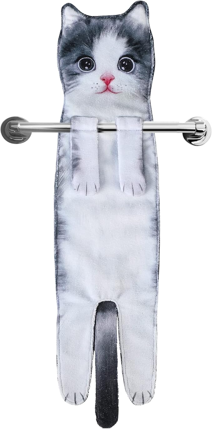 Cat Funny Hand Towels for Bathroom Kitchen- Cute Decorative Kitten Decor Hanging Face Towels- Unique Housewarming Valentines Mothers Birthday Gifts for Women Mom Cat Lovers