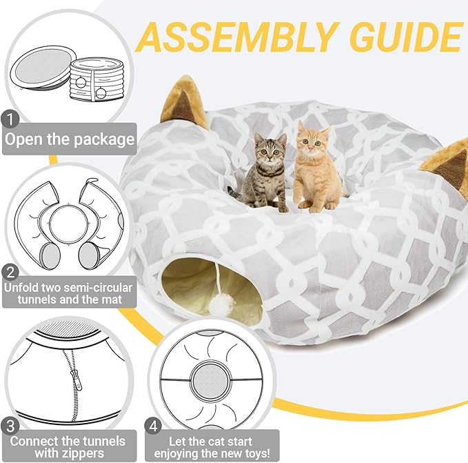 LUCKITTY Large Cat Tunnel Bed with Plush Cover,Fluffy Toy Balls, Small Cushion and Flexible Design- 10 inch Diameter, 3 ft Length- Great for Cats, and Small Dogs, Gray Geometric Figure