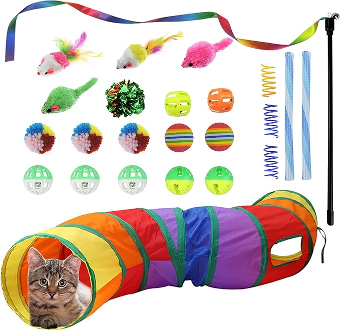 FuninCrea 24 PCS Cat Toys Kitten Toys Assortments, Cat Tunnels for Indoor Cats Variety Cat Toy Pack Fluffy Mouse, Spring Cat Toys, Crinkle Balls Cat Toys for Indoor Cats Kitten