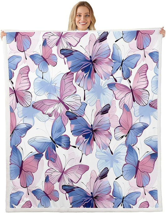 Butterfly Plush Blanket Butterflies Print Fleece Throw Blanket for Sofa Couch Bed Flying s Pattern Sherpa Blanket 3D Animal Theme Fuzzy Blanket Purple Blue Room Decor Queen 90x90 Inch