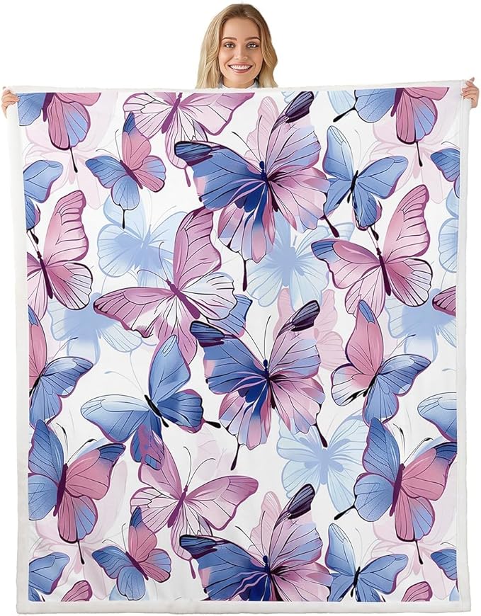 Butterfly Plush Blanket Butterflies Print Fleece Throw Blanket for Sofa Couch Bed Flying s Pattern Sherpa Blanket 3D Animal Theme Fuzzy Blanket Purple Blue Room Decor King 87x95 Inch