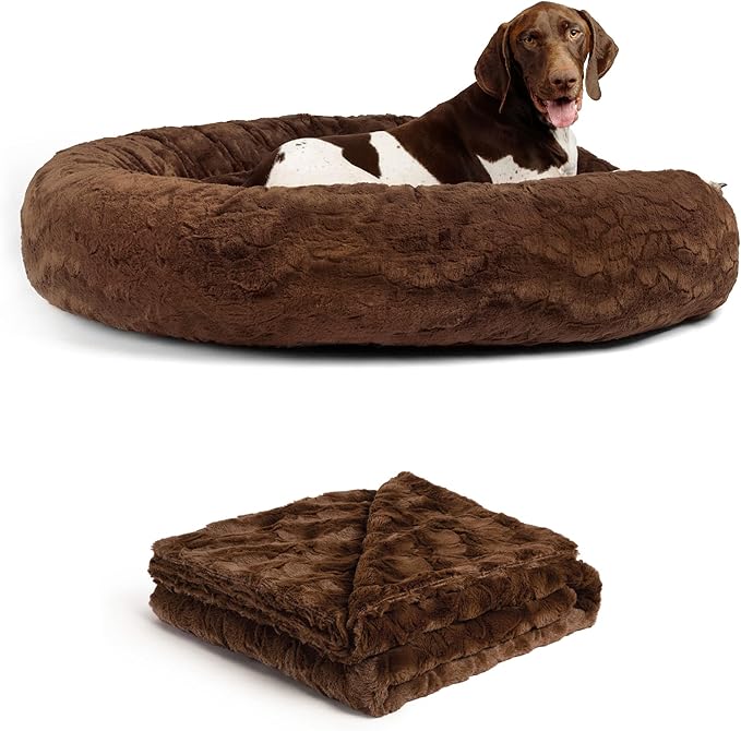 Best Friends by Sheri Bundle Set The Original Calming Lux Donut Cuddler Cat and Dog Bed + Pet Throw Blanket Dark Chocolate Extra Large 45" x 45"