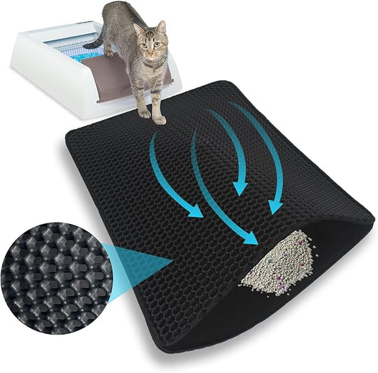 Black Cat Litter Mat, Anti-Tracking EVA, Waterproof & Non-Slip Honeycomb Design, Reusable & Easy to Clean（30x22in）