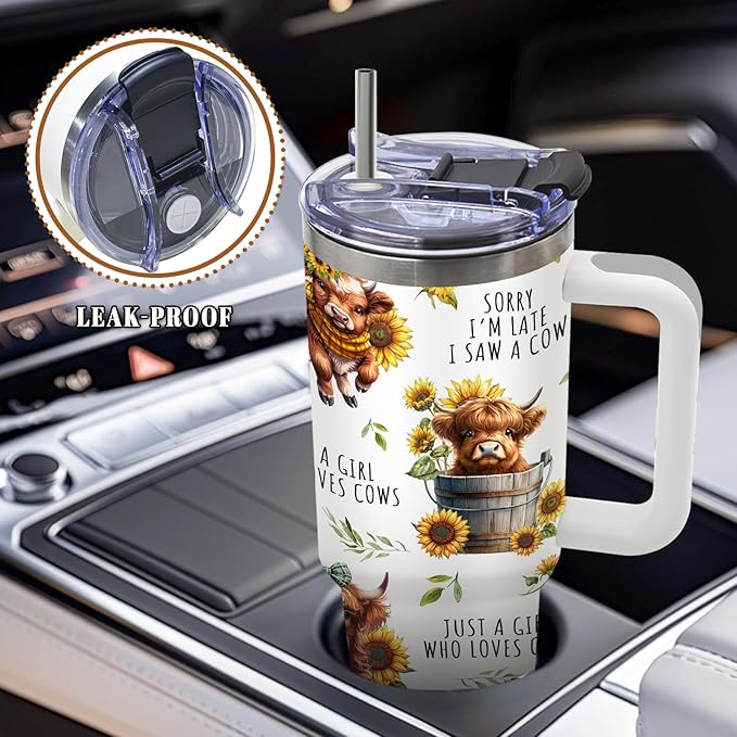 Highland Cow Gifts for Women, Cow Tumbler Flowers, Highland Cows Gift for Girls, Funny Cute Just A Girl Who Loves Cows, 40 Oz Tumbler with Handle