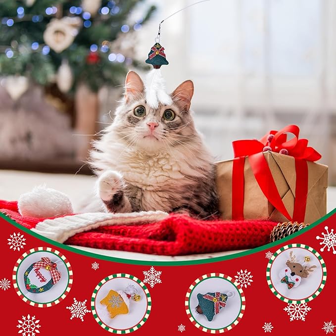 Pet Soft Cat Toys Feathers Wand Christmas Interactive Cat Toy Kitten Toys Retractable Cat Wand Toy and 7 Feather Teaser Refills with Bells Cat Toys