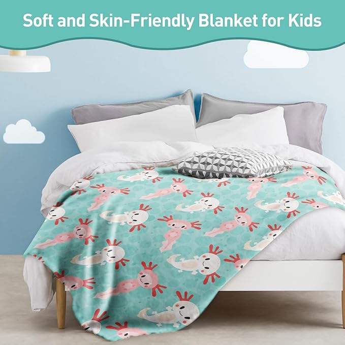 Axolotls Blanket Axolotl Present Soft Flannel Lightweight Axolotl Throw Blanket for Kids Girls Boys All Season Cartoon Salamander Blankets for Sofa Couch Bed Decorative Axolotls Green Blanket