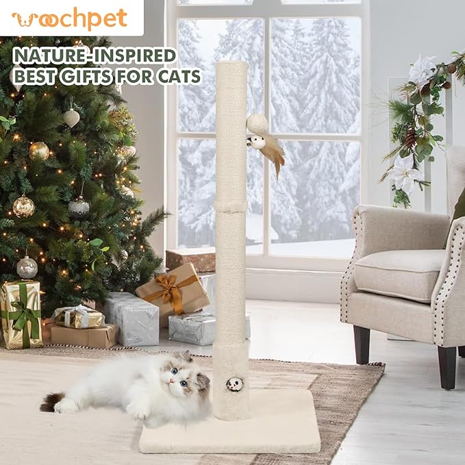 Cat Scratching Post with Premium Sisal Rope for Indoor 34in Tall Scratcher Post Tree with Mouse Hole, Hanging Ball for Adult Cats and Kittens White Scratch Tree