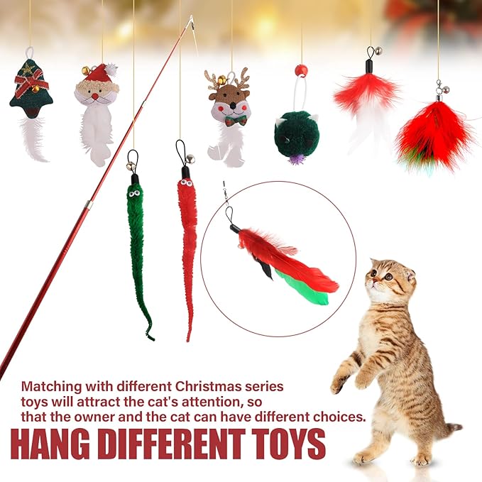 HOSUKKO 10PCS Cat Toys for Christmas Catnip Toys Interactive Feather Toys for Indoor Cats Replaceable Kitten Feather Toys with Ring Bells Retractable Cat Wand Colorful Cute Kitten Toys Gift