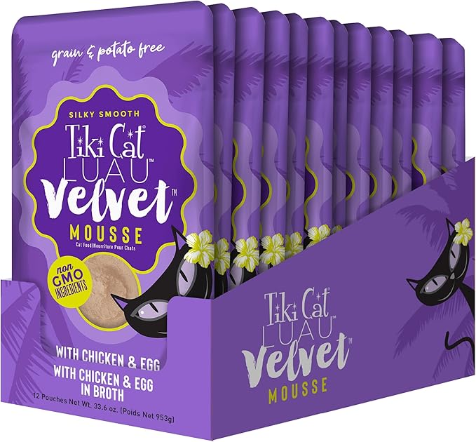 Tiki Cat Luau Velvet Mousse, Chicken & Egg in Broth, Complete Nutrition for Balanced Diet, Wet Cat Food For All Life Stages, 2.8 oz. Pouch (Pack of 12)