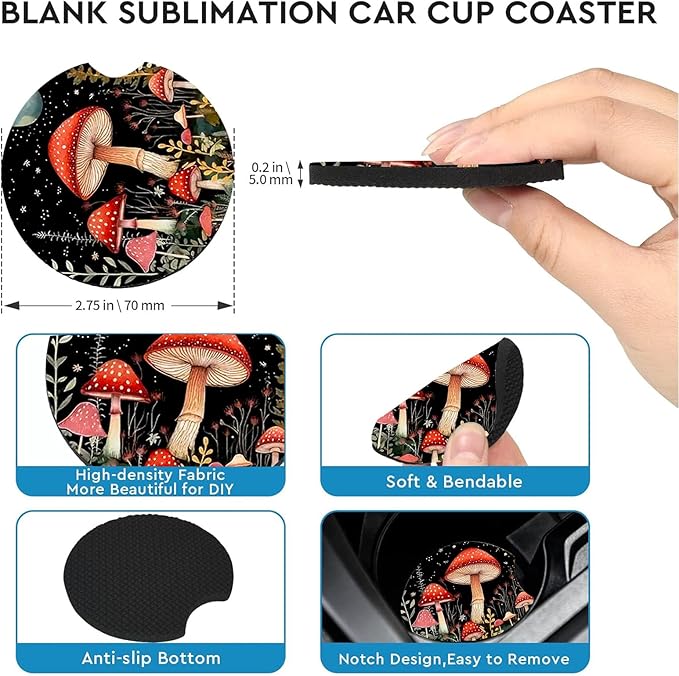 Car Coasters for Cup Holders,2 Pack Starry Night Mushroom Car Coasters,2.75" Universal Size Anti Slip Rubber Mat,Automotive Cup Holder Decal Decor Accessories,Mushroom Gifts for Women,Men,Mom