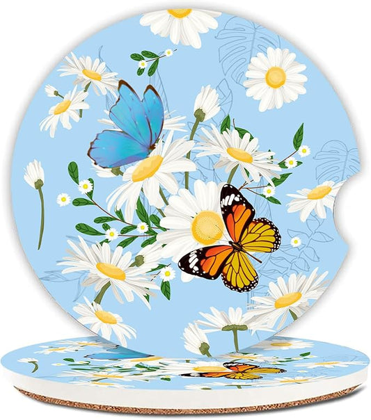 Car Coasters for Drinks Absorbent, 2 Pack Cup Holders, 2.56" Ceramic Stone & Non-Scratch Cork Base Coasters, Auto Accessories for Women & Men,Butterfly and Flowers.