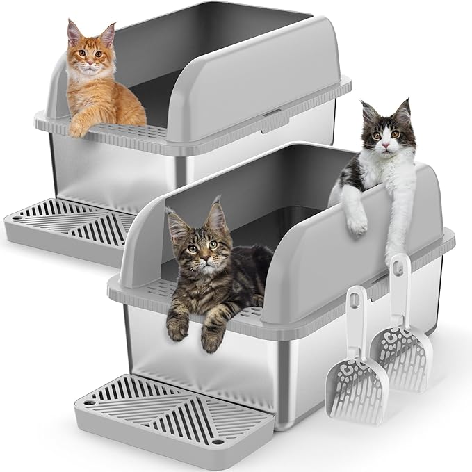 2 Pack 8" Deep Stainless Steel Litter Box with Lid, Extra Large Stainless Steel Cat Litter Box for Multipul Cats, Metal Litter Box with Anti-Leakage High Wall, Deep Litter Pan Easy Cleaning