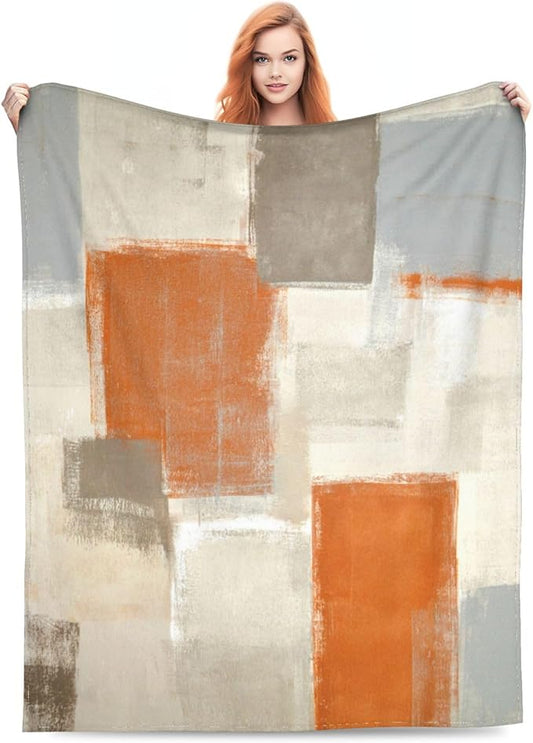 Orange Grey Abstract Art Painting Throw Blanket Soft Cozy Plush Warm Fleece Blanket for Sofa Couch Bed 80"X60"