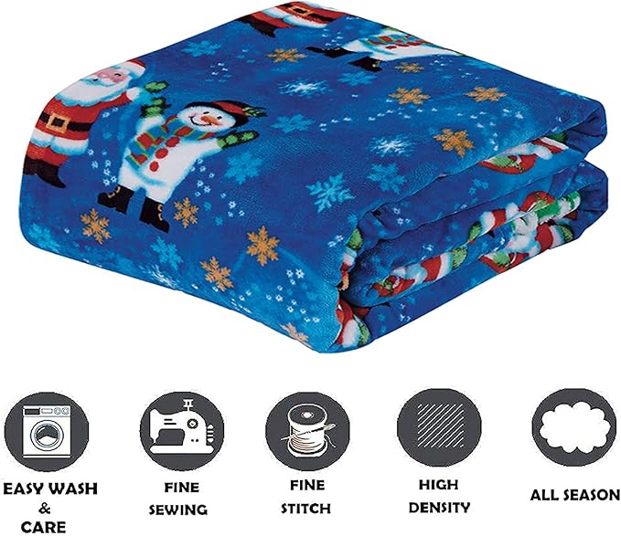 Elegant Comfort Luxury Velvet Super Soft Christmas Prints Fleece Blanket-Holiday Theme Home Décor Fuzzy Warm and Cozy Throws for Winter Bedding, Couch and Gift, 50 x 60 inch, Blue Santa Snowman
