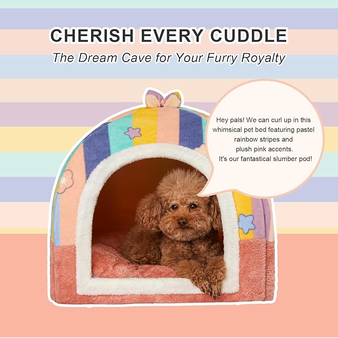 Jiupety Cute Cat House for Large Cat, Cat Beds for Indoor, 2-in-1 Cat Cave Bed, Large Cat Bed Cat Hideaway, Large, Rainbow.