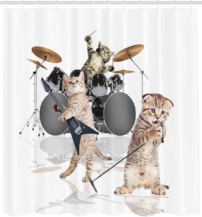 Ambesonne Animal Shower Curtain, Cool Hard Rocker Band of Kittens Singer Guitarist Cats Art Print, Cloth Fabric Bathroom Decor Set with Hooks, 69" W x 70" L, White Charcoal Grey Multicolor