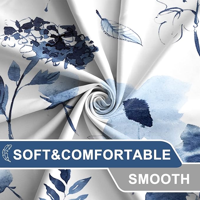 AWERT Blue Floral Shower Curtain - Watercolor Ink Flowers with Hooks - Waterproof Fabric - Bathroom Decor - 72x72inch