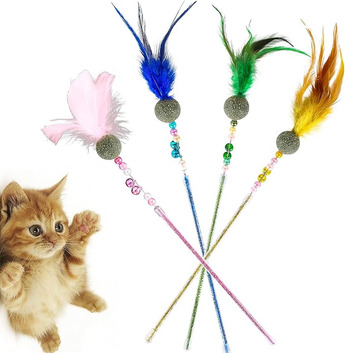 Telescopic Feather cat Toys Combination Interactive Cat Teaser Wand Cat Feather Toys with Loud Bell Long for Cat and Kitten (A-4Pcs)