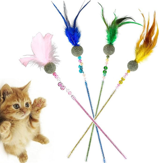 Telescopic Feather cat Toys Combination Interactive Cat Teaser Wand Cat Feather Toys with Loud Bell Long for Cat and Kitten (A-4Pcs)